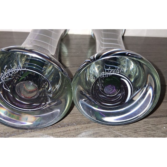 Signed Studio Art Glass Candle Holders Black Purple Swirl 10.25\